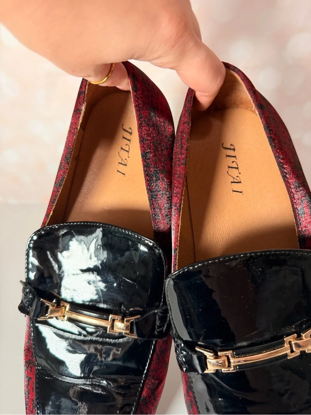 JITAI Leather and Fabric Red Speckled Loafer w Gold Detail